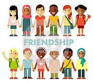 Friendship concept with different multicultural happy children in flat style