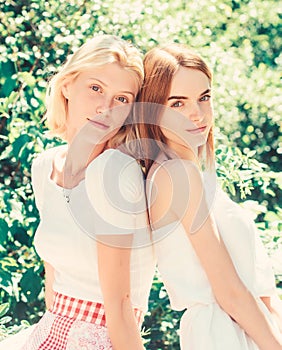 Friendship concept. Girls friends nature background. Enjoy pleasant society. Friendly relations. Revelation and