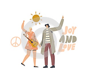 Friendship Concept. Hippies Male and Female Characters with Guitar and Peace Symbol Waving Hands. Man and Woman Pacifist