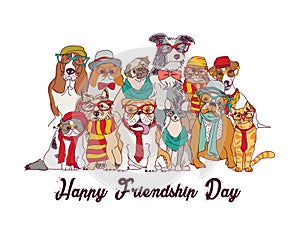 Friendship day cats and dogs isolate group white.