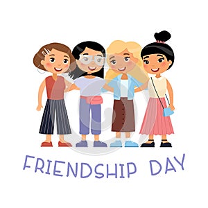 Friendship Day.  Four young international women friends hugging.