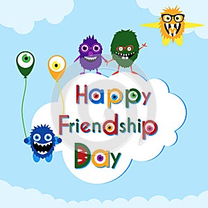 Friendship day greeting card with cute monsters