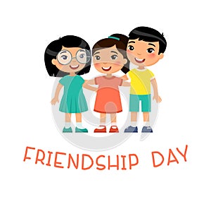 Friendship Day. Two Ñute little asian girls and boy hugging