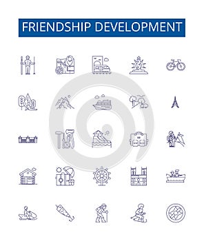 Friendship development line icons signs set. Design collection of Bonding, Friendship, Uniting, Strengthening