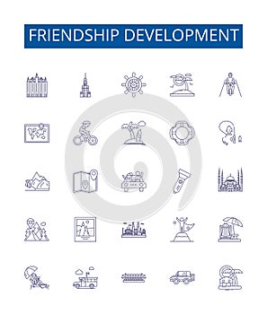 Friendship development line icons signs set. Design collection of Bonding, Friendship, Uniting, Strengthening