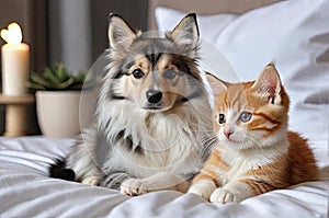 Friendship of a dog and cat. In the bedroom on the bed looking at the camera.
