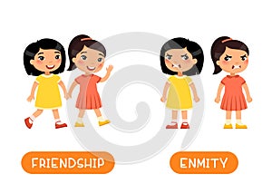 FRIENDSHIP and ENMITY antonyms flashcard vector template. Opposites concept