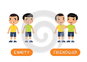 FRIENDSHIP and ENMITY antonyms flashcard vector template.