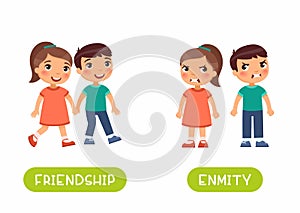 Friendship and enmity antonyms flashcard vector template