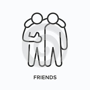 Friendship flat line icon. Vector outline illustration of two hugging buddies. Black thin linear pictogram for social