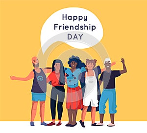 Friendship. Happy friends standing together and hugging, cartoon diverse people group. Vector family relationship