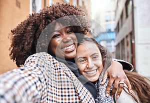 Friendship, happy and portrait of women on a holiday together walking in the city street in Italy. Happiness, smile and