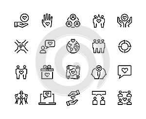 Friendship line icons. Charity and partnership, business assistance and communication concept. Vector community