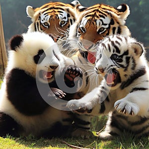 Friendship of panda and tigers, AI generated illustration