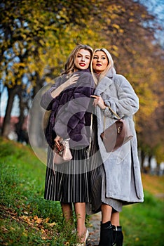 Friendship. successful businesswomen in outdoor. autumn female outfit. apparel for european winter. elegant women wear