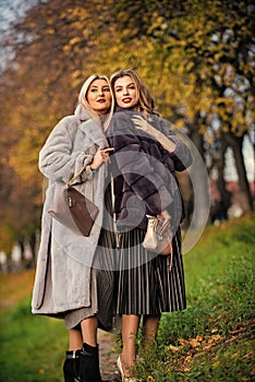 friendship. successful businesswomen in outdoor. autumn female outfit. apparel for european winter. elegant women wear