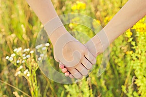 Friendship of two child girls, close-up hands of children holding together