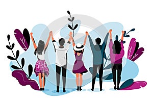 Friendship vector flat illustration. Happy friends hugging together. Young people have a fun event together