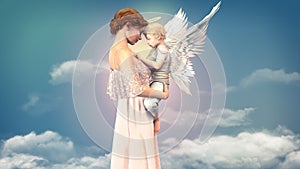 Friendship. Woman with a cute child angel