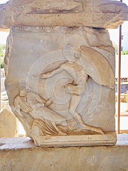 Frieze of the Mausoleum at Halicarnassus, one of the Seven Wonders of the World. Bodrum, Mugla, Turkey.