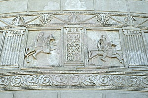 Frieze metopes of the Tropaeum Traiani or Trajan\'s Trophy in city Adamclisi, Constanta, Romania photo