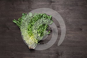 Frieze salad on a dark wooden background. Fresh greens. Place for text