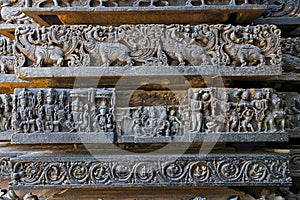 Friezes of animals, scenes from mythological episodes at the base of temple, Hoysaleshwara temple, Halebidu, Karnataka