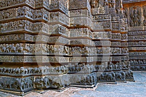 Friezes of animals, scenes from mythological episodes from Ramayana and Mahabharata, at the base of temple, Hoysaleshwara temple,