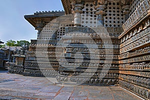 Friezes of animals, scenes from mythological episodes from Ramayana and Mahabharata, at the base of temple, Hoysaleshwara temple,