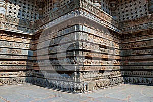 Friezes of animals, scenes from mythological episodes from Ramayana and Mahabharata, at the base of temple, Hoysaleshwara temple,