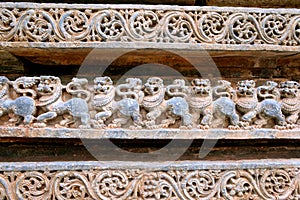 Friezes of Lions at the base of temple, Kedareshwara temple, Halebidu, Karnataka. Lion is the symbol of Hoysla Dinesty. photo