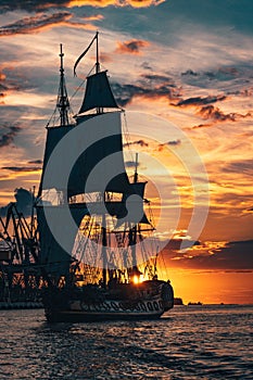 The Frigate Shtandar in calm weather sailing sunset time Riga Latvia