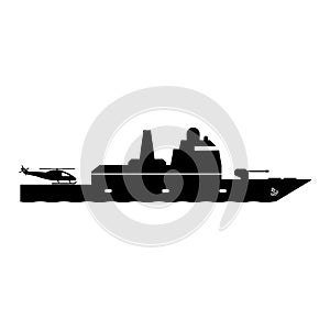 Frigate Warship with Helicopter Dock. Icon Pictogram Depicting Frigate Navy Naval Military War Battership with helipad. Black and