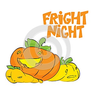 Fright night. Halloween party hand drawn lettering and sketch with cute pumpkins. Fun colorful brush ink typography