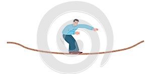 Frighten businessman balancing on tensed rope flat vector illustration isolated.