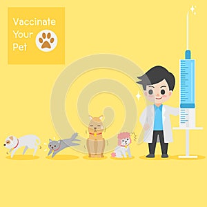 Frighten cute dogs, cat, doctor with injection needle character for vaccinate pets