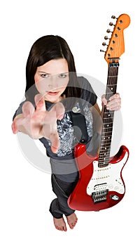 Frighten woman with red guitar