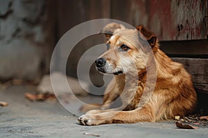 Frightened Abused dog alone abandoned on street. Generate ai