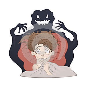 Frightened Boy in bed and the creepy shadow monster. Fear of the dark, nightmare. Vector illustration, on white