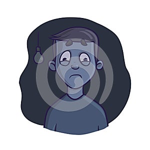 Frightened Boy in dark room. Fear of the dark, nightmare. Vector illustration, isolated on white background.