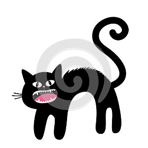 Frightened cat arch back. Screaming kitten. Hair fur stands on end. Eyes, fangs, moustaches whisker. Cute funny cartoon character.