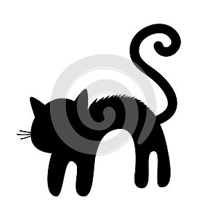 Frightened cat arch back silhouette. Screaming kitten. Hair fur stands on end. Tail, moustaches whisker. Cute funny cartoon charac