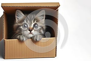 A frightened or curious kitten peeks out of a cardboard box surprised large bulging eyes. ai generative