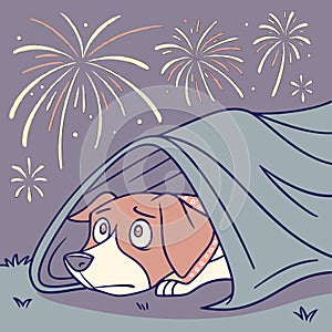 Frightened dog hiding under a blanket scared of fireworks with fireworks exploding in background