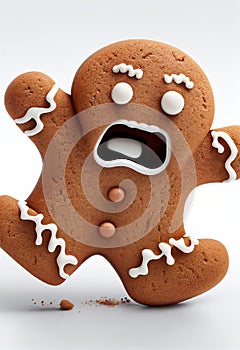 Frightened gingerbread man cookie isolated on a white background