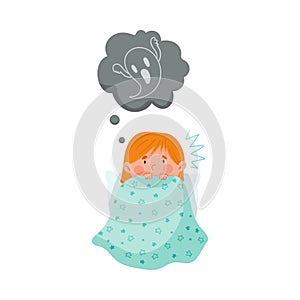 Frightened Girl Hiding Under Blanket in Bed and Imagining Spooky Ghost Vector Illustration