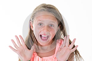 Frightened girl holding screaming out loud isolated