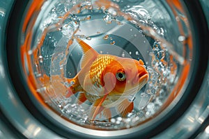 Frightened golden fish inside washing machine drum with water flow and splashes