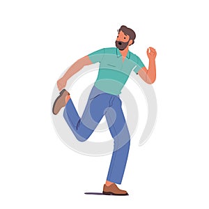Frightened Male Character With Scared Expression Sprinting Away As If His Life Depended On It. Man Sprinting Away
