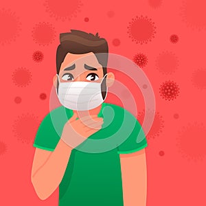 Frightened man with a protective medical mask on his face against a virus background. Danger of coronavirus infection. The concept